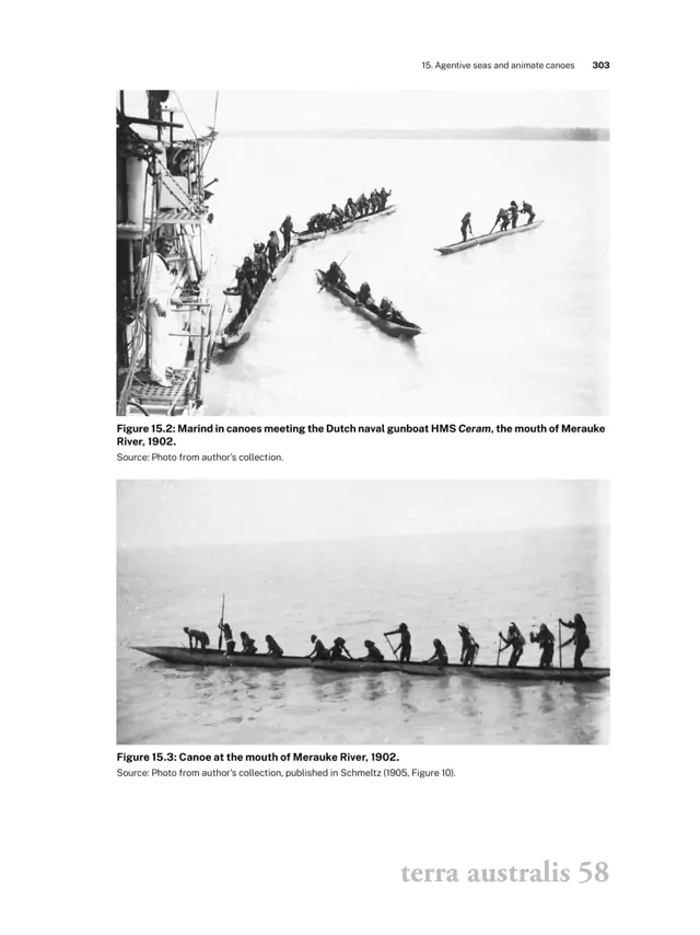Marind canoes meeting HMS Ceram on the Merauke River, 1902.