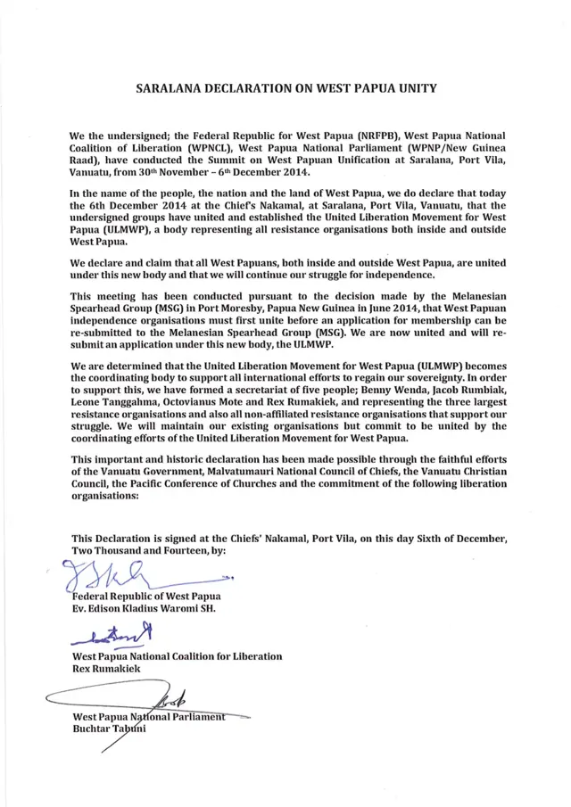 Saralana Declaration. ULMWP · 2014.