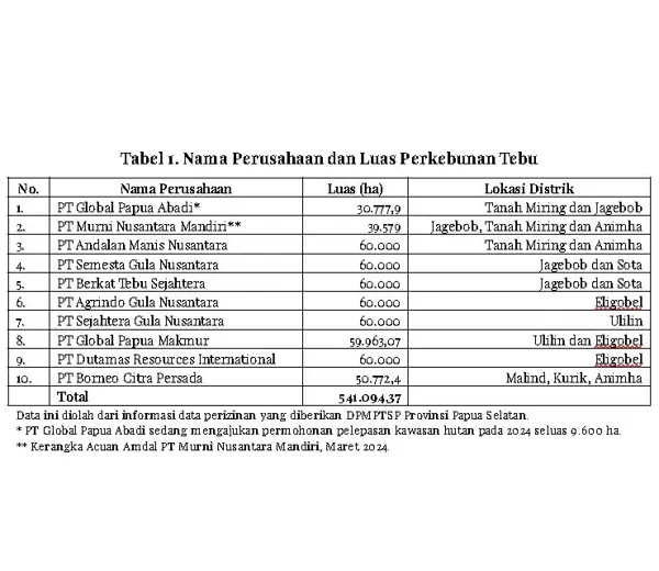 Pusaka’s company and area table, compiled from South Papua investment-office information. Proposed areas do not establish customary consent.